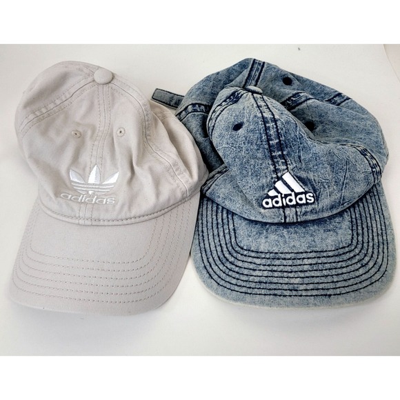 Adidas  Lot of 2 Trefoil Caps Unisex– White Strapback + Acid-Wash Denim Hat - Picture 2 of 14